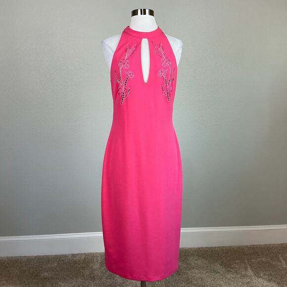 Aidan Mattox Beaded Cut Out Midi Sheath Cocktail Dress Coral Pink Size 6 - Picture 2 of 11